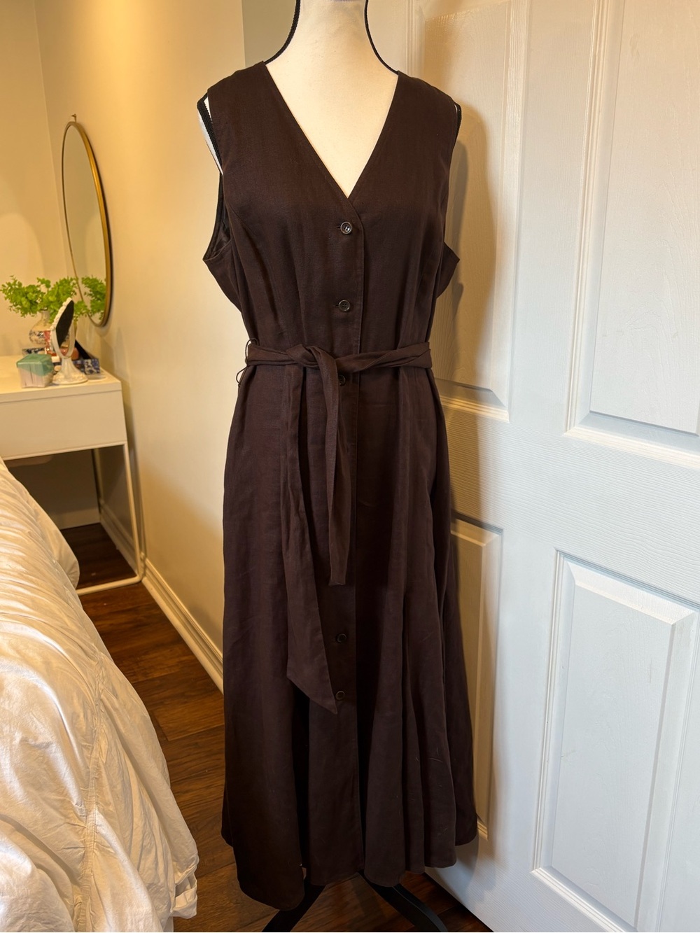 Talbots 100% Linen Chocolate Brown Button Front Midi Dress 16